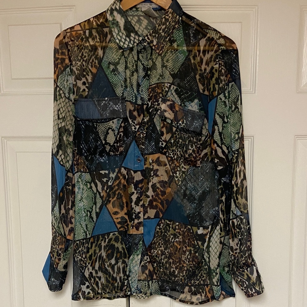 Alberto Makali Multi-Print Sheer Button-Up Blouse gently used (size M)